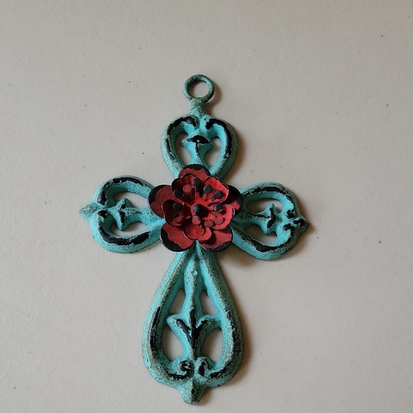 Handmade Other - Cast Iron Cross with Red Flower In Center- Blue Patina
